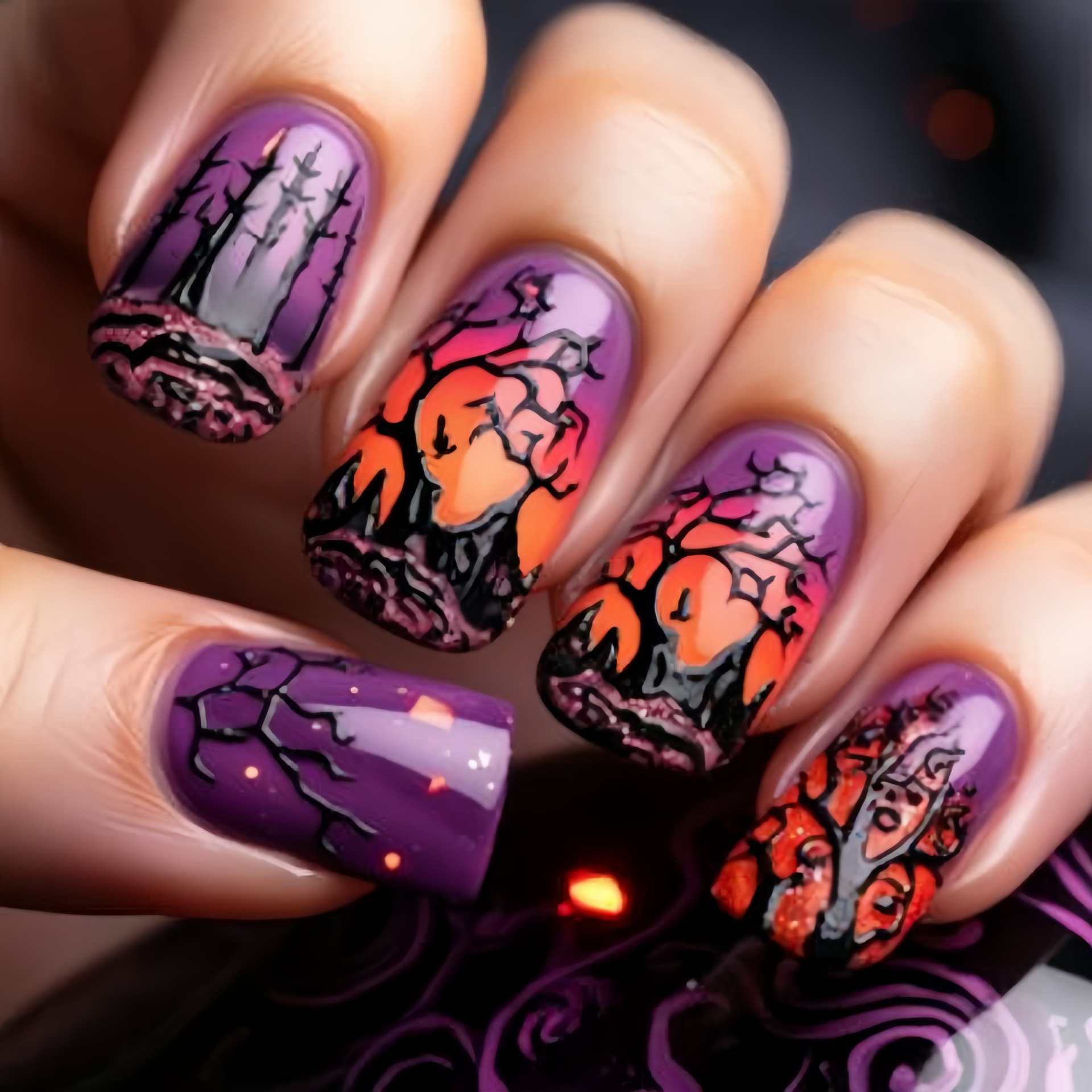 Nail Art Orange - Uñas postizas cuadradas de tamaño mediano